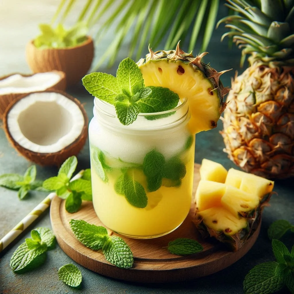 Suco Refrescante de Abacaxi e Hortelã com Água de Coco